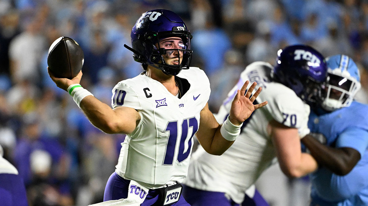TCU Horned Frogs quarterback Josh Hoover (10) passes the ball in the first quarter at Kenan Stadium.