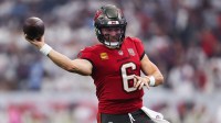 Tampa Bay Buccaneers quarterback Baker Mayfield (6) throws a pass during the first quarter against the Houston Texans at NRG Stadium.