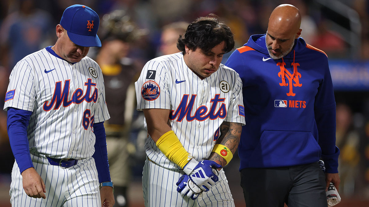 Mets catcher Francisco Alvarez in celebratory spirits after taking fastball to the elbow