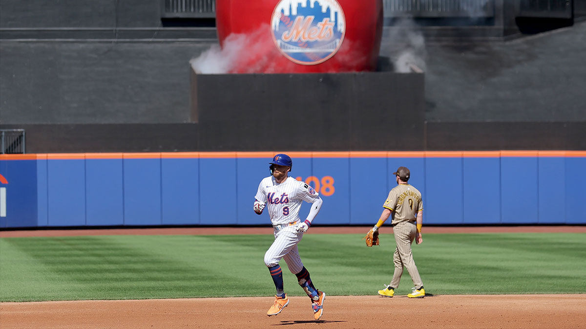 New York Mets left fielder Brandon Nimmo (9) rounds the bases after hitting a three run home run against the San Diego Padres during the third inning at Citi Field. Mandatory Credit: Brad Penner-Imagn Images