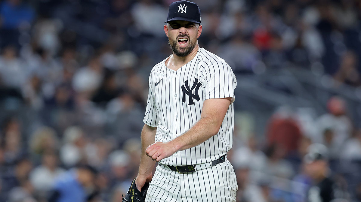 New York Yankees starting pitcher Carlos Rodon (55) reacts after the top of the fifth inning against the Chicago White Sox at Yankee Stadium. Mandatory Credit: Brad Penner-Imagn Images