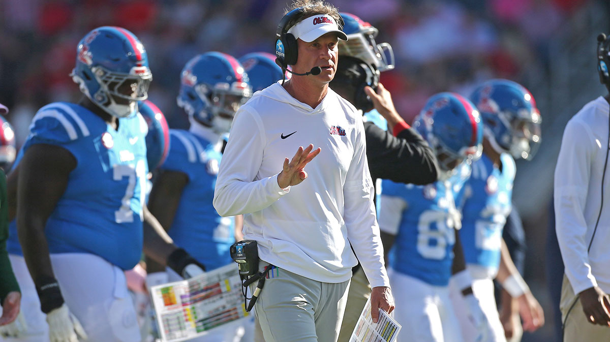 Mississippi Rebels head coach Lane Kiffin looks on during a time out during the second quarter against the LSU Tigers at Vaught-Hemingway Stadium.