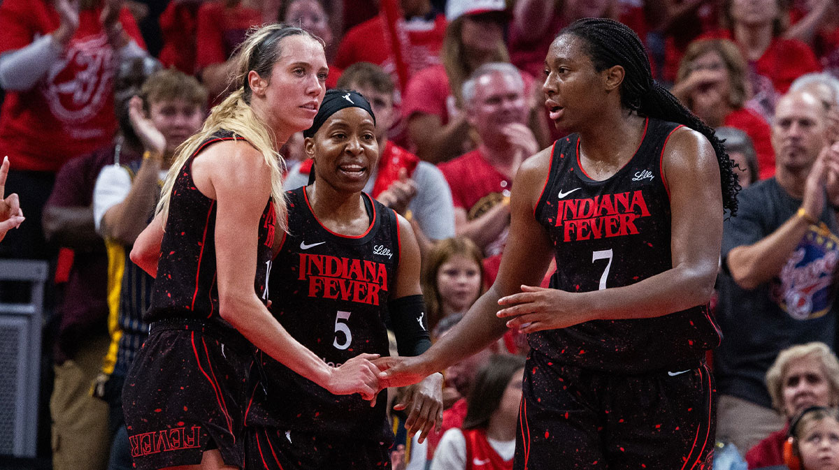 Indiana Fever forward Aliyah Boston (7) celebrates a made basket with guard Lexie Hull (10) in the second half during game four against the Las Vegas Aces of the second round for the 2025 WNBA Playoffs at Gainbridge Fieldhouse.
