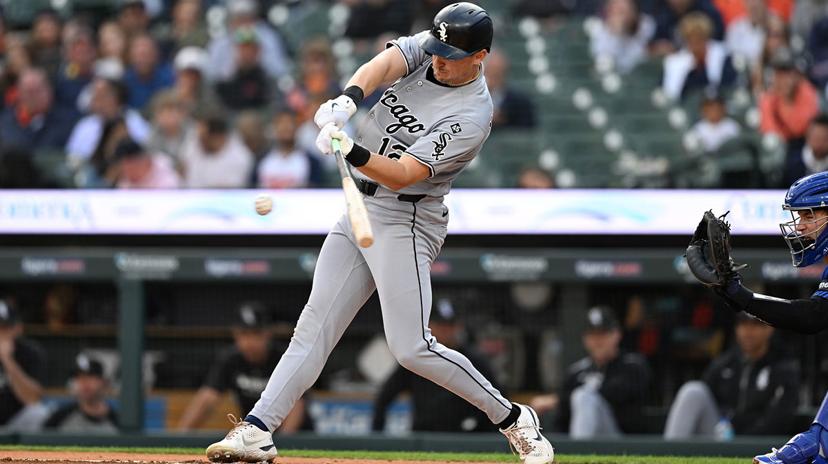 Chicago White Sox shortstop Colson Montgomery (12) hits a RBI single against the Detroit Tigers in the first inning at Comerica Park.