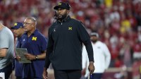 Michigan Wolverines head coach Sherrone Moore on the sidelines during the second half of a game against the Oklahoma Sooners at Gaylord Family-Oklahoma Memorial Stadium.