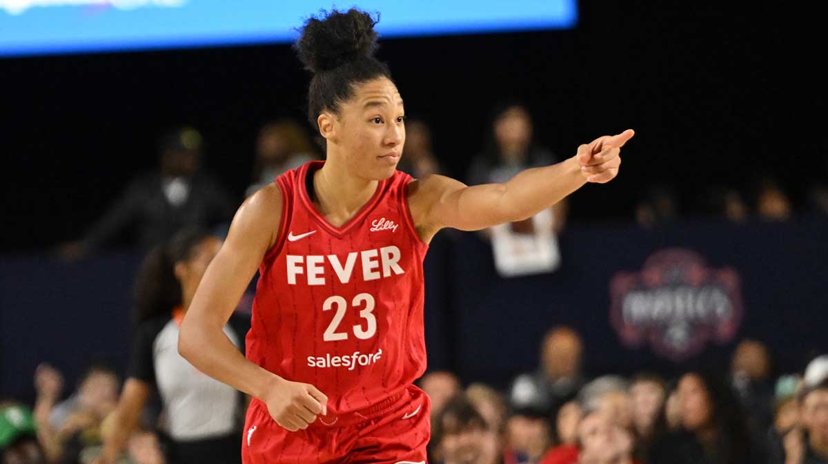 Sep 7, 2025; Baltimore, MD, USA; Indiana Fever guard Aerial Powers (23) reacts after a play against the Washington Mystics during the fourth quarter at CFG Bank Arena. Mandatory Credit: Rafael Suanes-Imagn Images