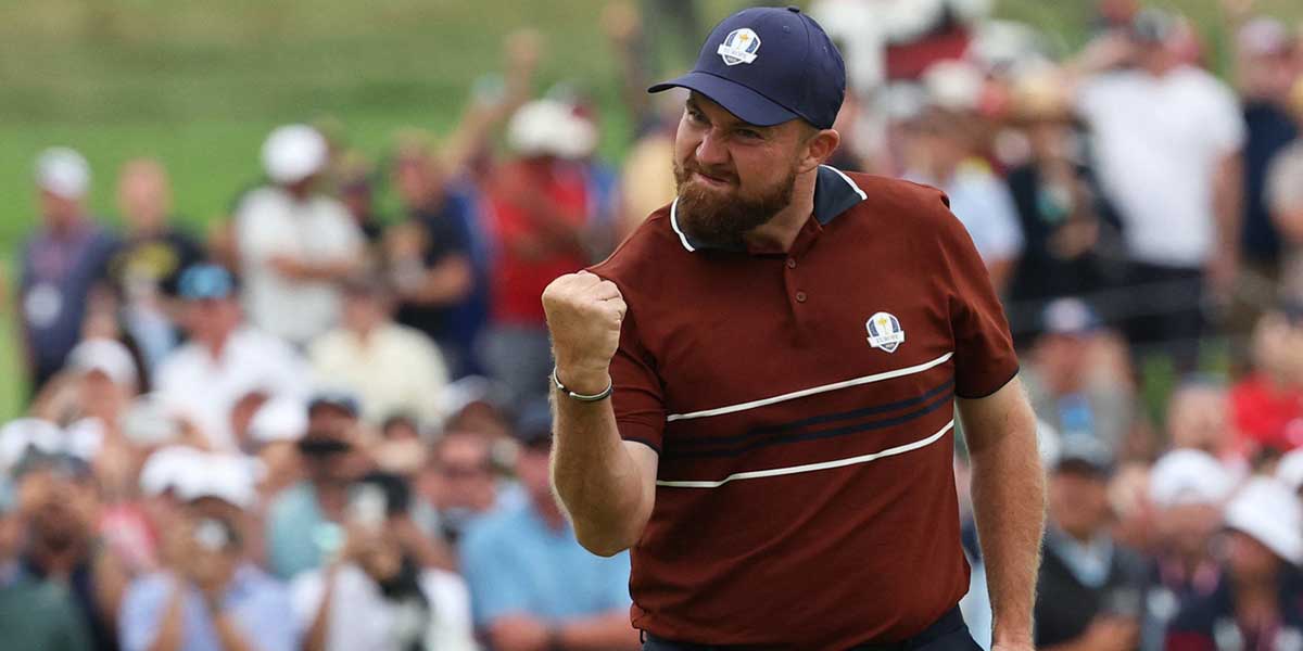 Team Europe's Shane Lowry celebrates after holing his putt on the 17th hole during the four-balls on the second day of competition for the Ryder Cup at Bethpage Black.