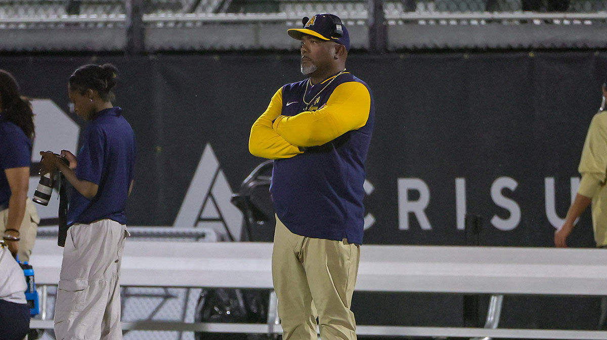 Sep 6, 2025; Orlando, Florida, USA; North Carolina A&T Aggies head coach Shawn Gibbs looks on during the second quarter against the UCF Knights at Acrisure Bounce House.