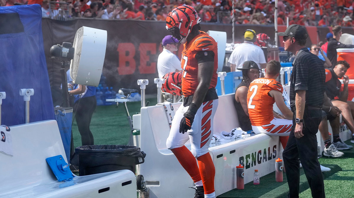 Cincinnati Bengals defensive end Shemar Stewart (97) walks for the injury tent in the fourth quarter of the NFL Week 2 game between the Cincinnati Bengals and the Jacksonville Jaguars at Paycor Stadium in downtown Cincinnati on Sunday, Sept. 14, 2025. The Bengals came back from a halftime deficit to win 31-27.