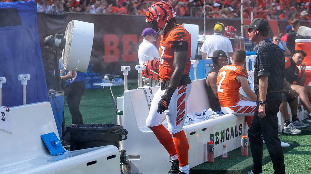Cincinnati Bengals defensive end Shemar Stewart (97) walks for the injury tent in the fourth quarter of the NFL Week 2 game between the Cincinnati Bengals and the Jacksonville Jaguars at Paycor Stadium in downtown Cincinnati on Sunday, Sept. 14, 2025. The Bengals