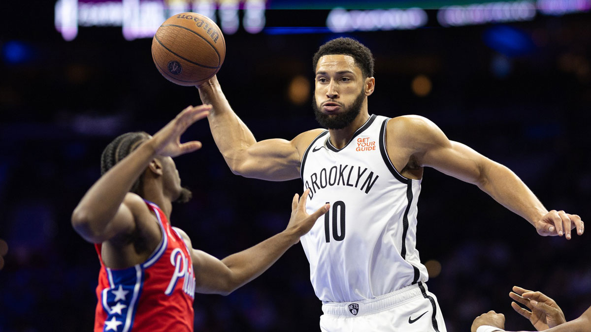 Brooklyn Nets guard Ben Simmons (10) controls the ball against Philadelphia 76ers guard Tyrese Maxey (0) during the second quarter at Wells Fargo Center.