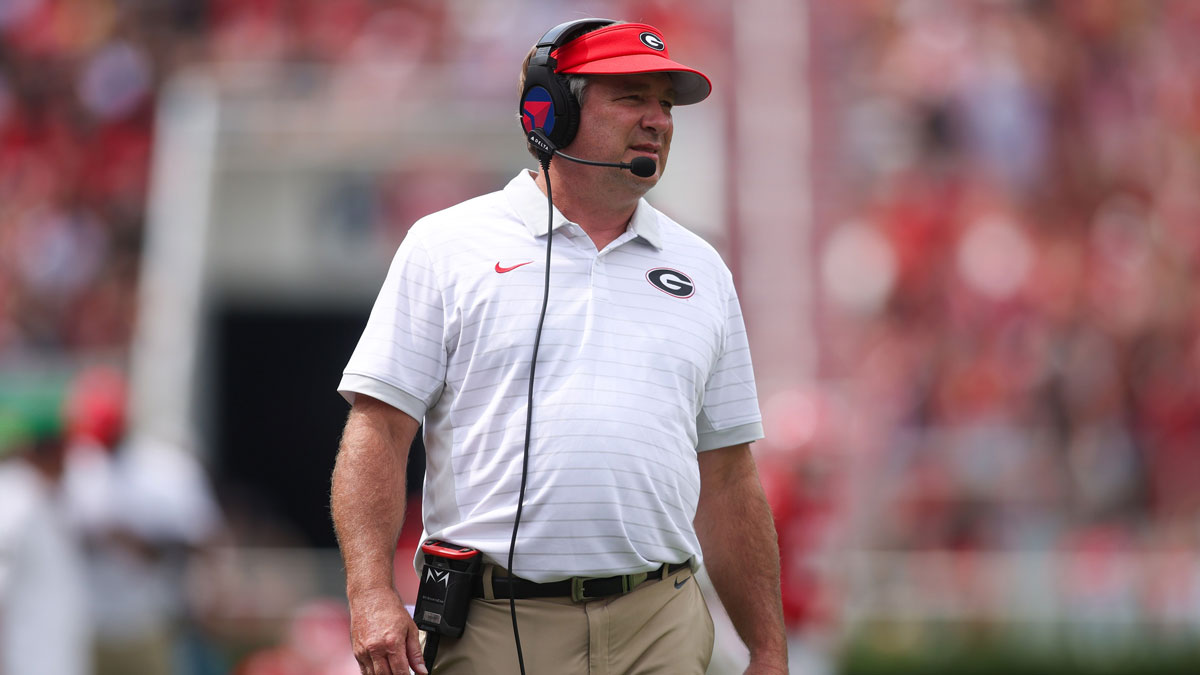 Georgia Bulldogs head coach Kirby Smart on the sideline against the Austin Peay Governors in the second quarter at Sanford Stadium.