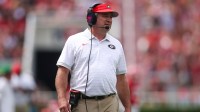 Georgia Bulldogs head coach Kirby Smart on the sideline against the Austin Peay Governors in the second quarter at Sanford Stadium.