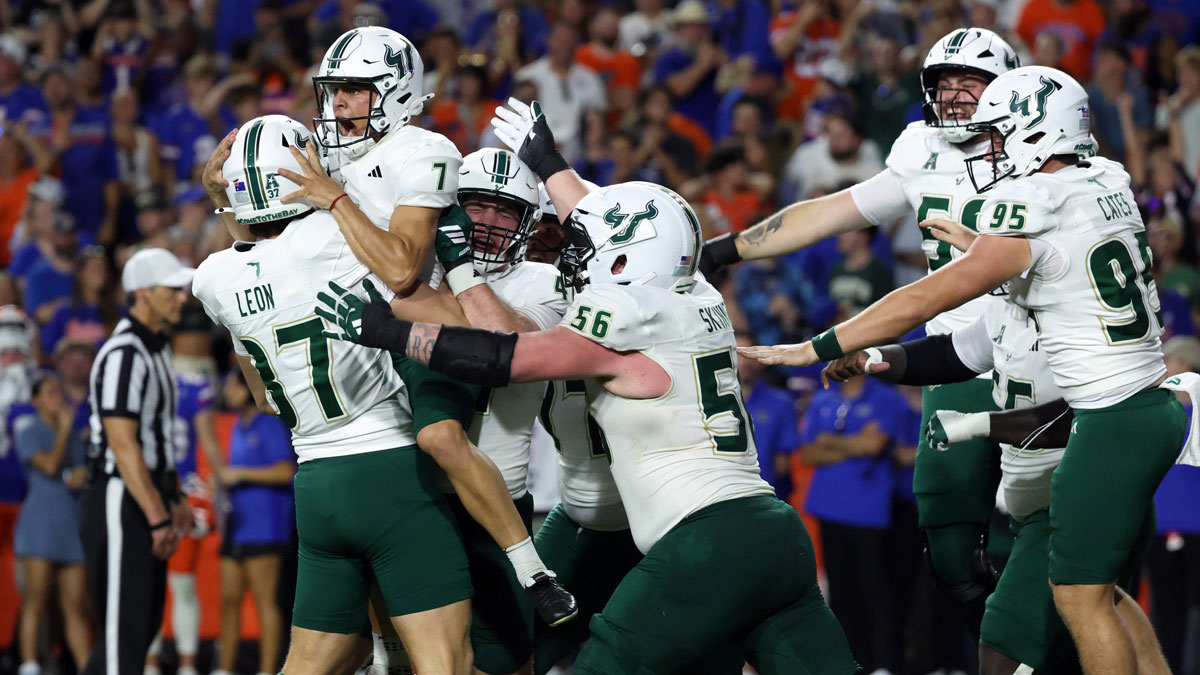 South Florida Bulls place kicker Nico Gramatica (7) celebrates after he kicks the game winning field goal as time expires to beat the Florida Gators at Ben Hill Griffin Stadium.