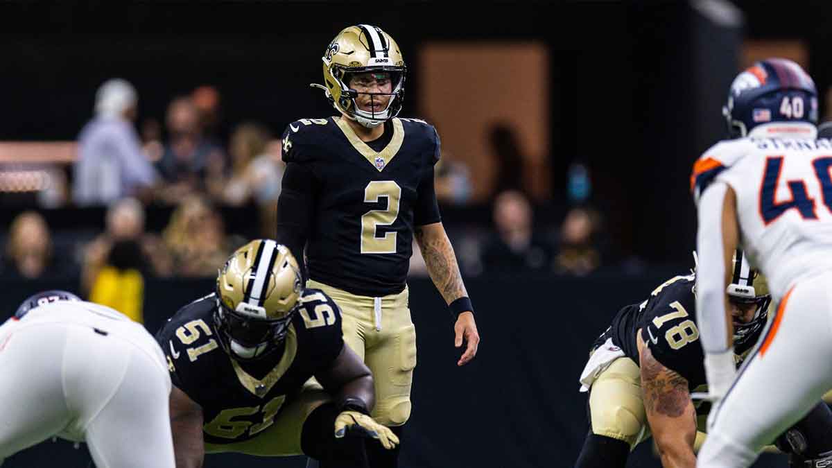 New Orleans Saints quarterback Spencer Rattler (2) calls for the ball against the Denver Broncos during the first half at Caesars Superdome.