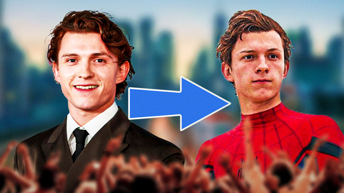 Tom Holland with an arrow pointing at him in his Spider-Man suit.