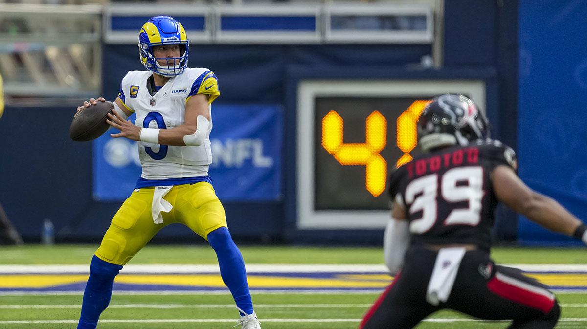 Los Angeles Rams quarterback Matthew Stafford (9) attempts a pass during the third quarter at SoFi Stadium.