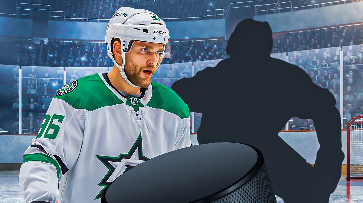 Mikko Rantanen with a mystery player and the Stars logo in the background.