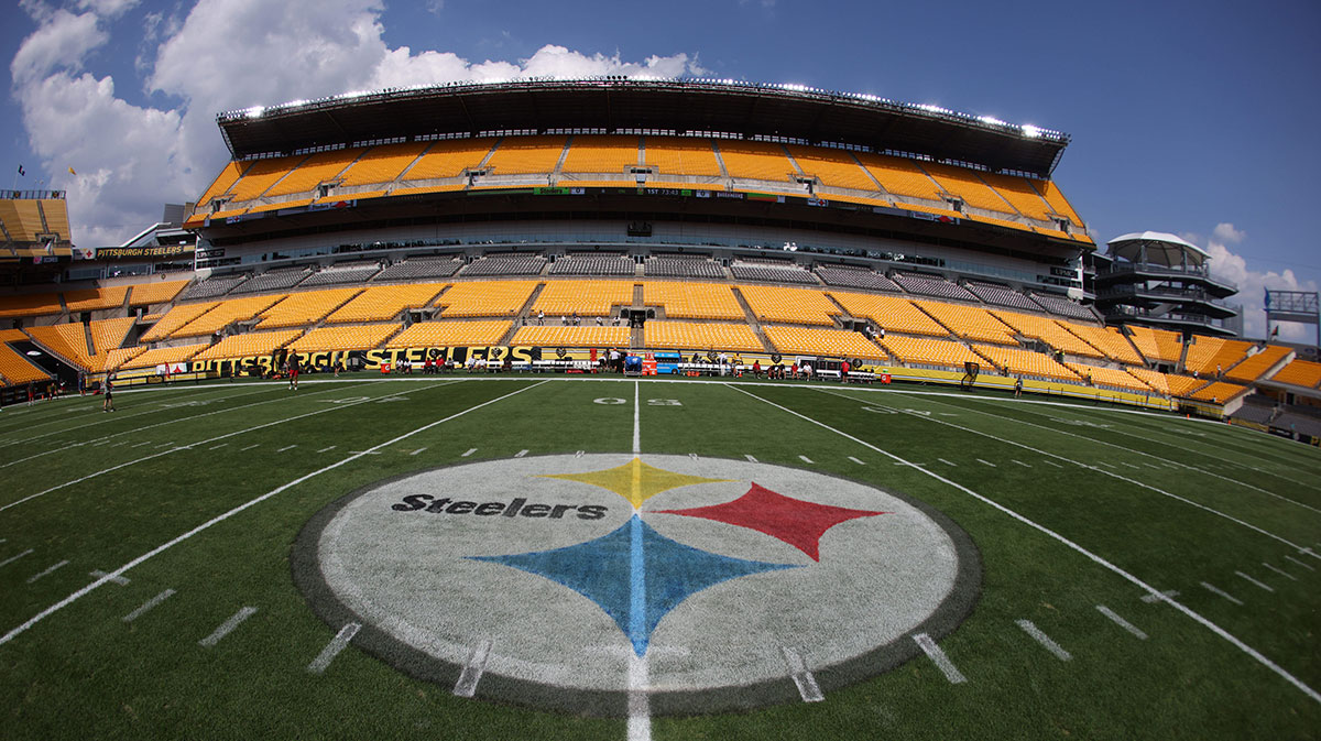 General view of the logo on the fifty yard line before the Pittsburgh Steelers host the Tampa Bay Buccaneers at Acrisure Stadium.