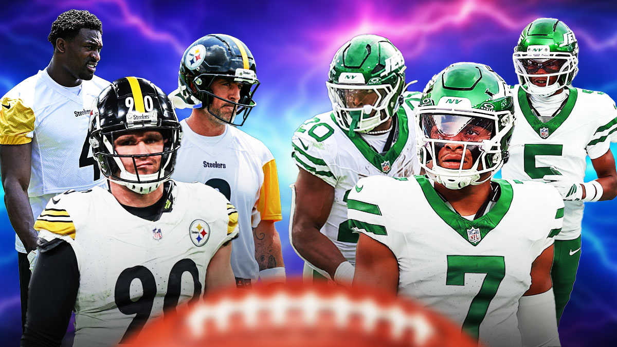 Aaron Rodgers, DK Metcalf, TJ Watt on one side, Justin Fields, Breece Hall, Garrett Wilson on the other side, Lightning in the background