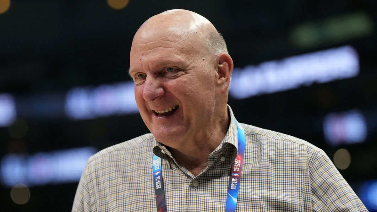 Clippers owner Steve Ballmer reacts during game five of the first round for the 2024 NBA playoffs against the Dallas Mavericks at Crypto.com Arena with Clippers' Kawhi Leonard in the background