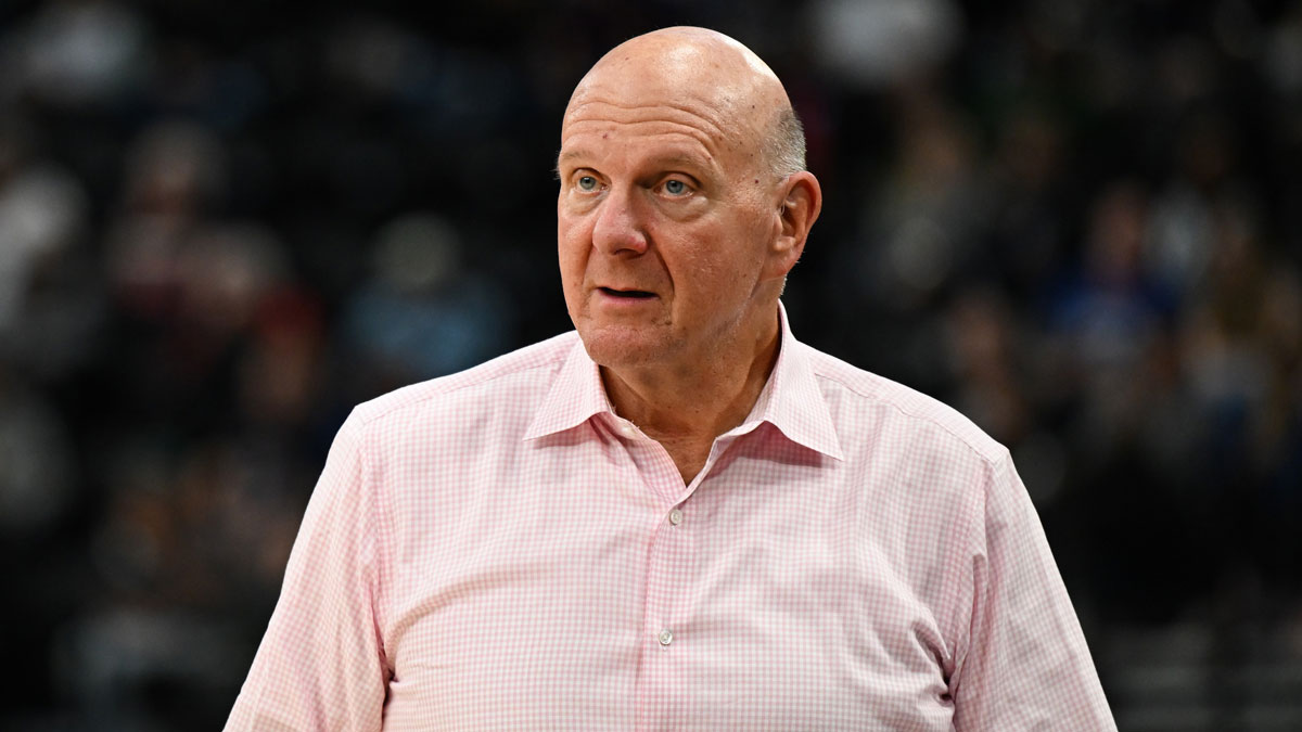 Clippers owner Steve Ballmer reacts in the game against the Dallas Mavericks during the first half at Intuit Dome