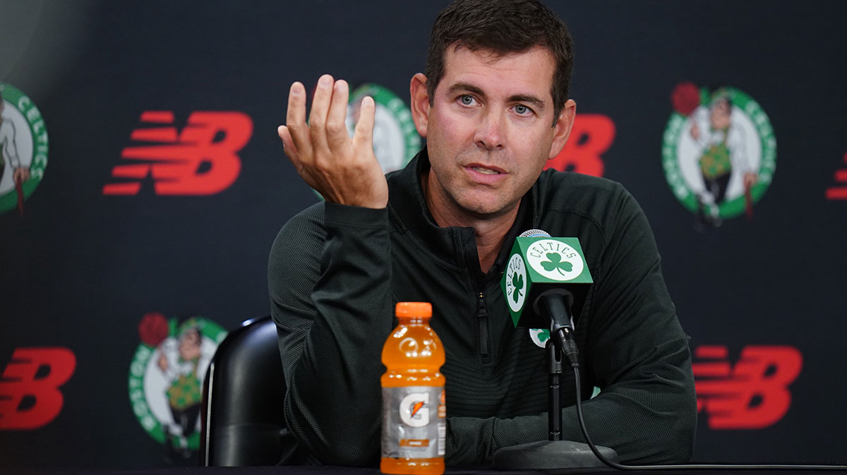 Boston Celtics president of basketball operations Brad Stevens talks to reporters during media day at the Auerbach Center