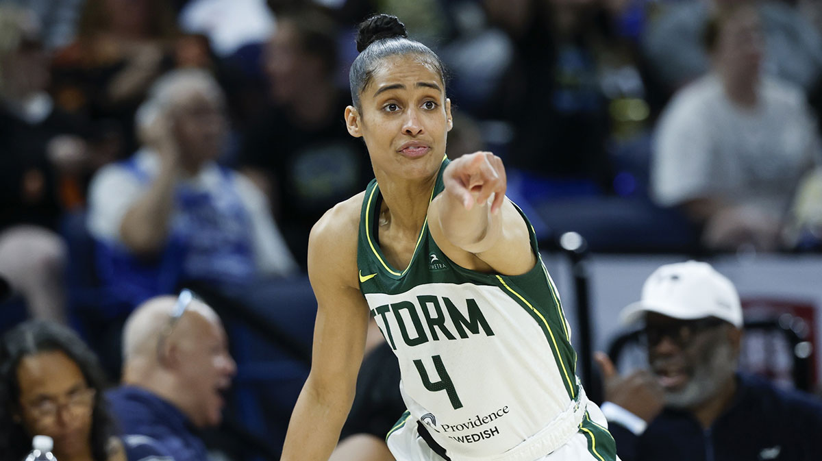 Seattle Storm guard Skylar Diggins (4) signals against the Chicago Sky during the second half at Wintrust Arena.
