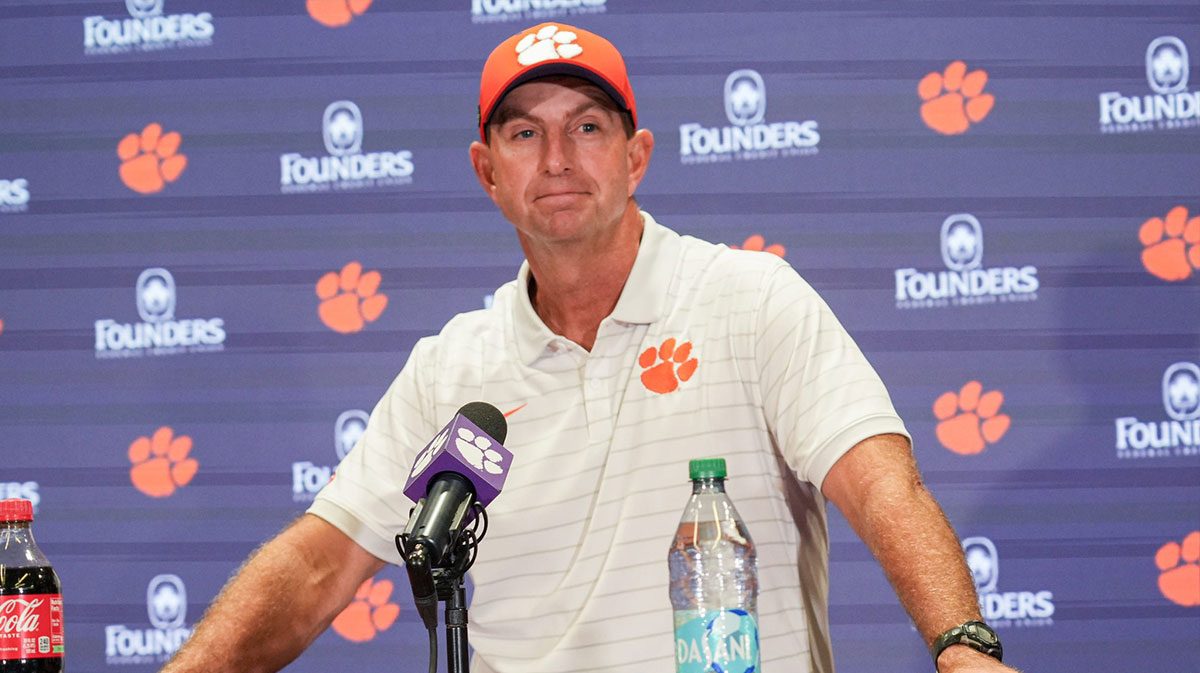 Clemson head coach Dabo Swinney talks with media after the game at Memorial Stadium Saturday, September 6, 2025 in Clemson, S.C.
