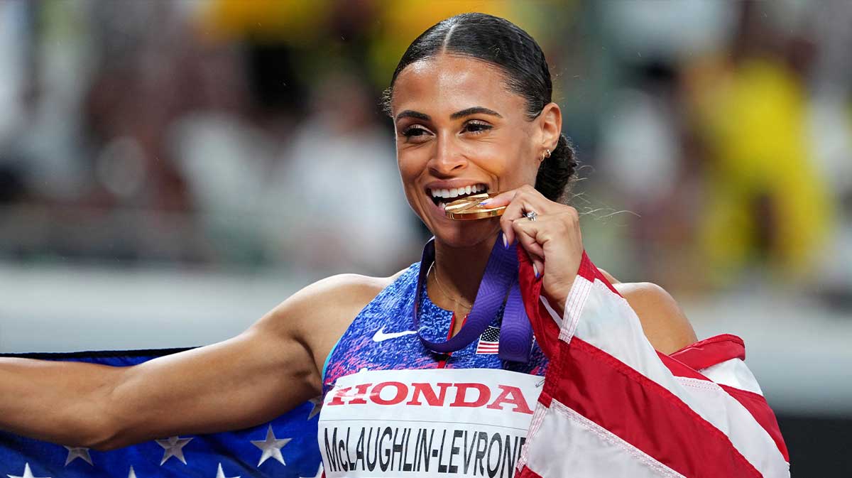 Sydney Mclaughlin-Levrone (USA) celebrates after winning the gold medal in the womens 400m during the World Athletics Championships at National Stadium.