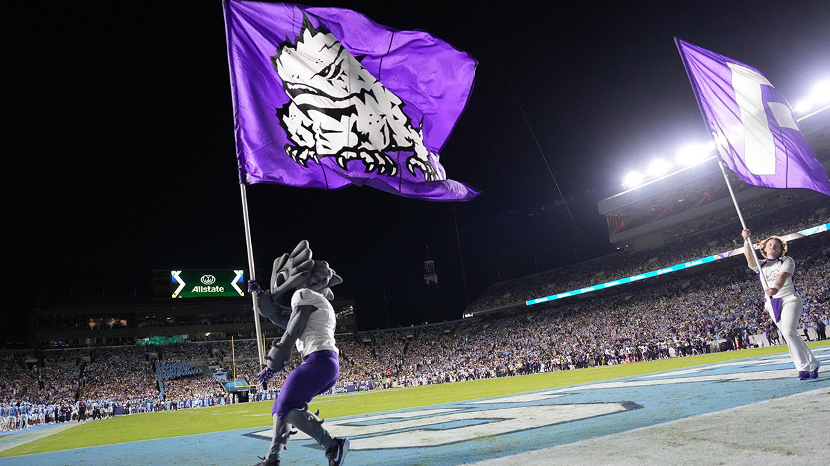 TCU Horned Frogs mascot celebrates after a touchdown in the second quarter at Kenan Stadium.