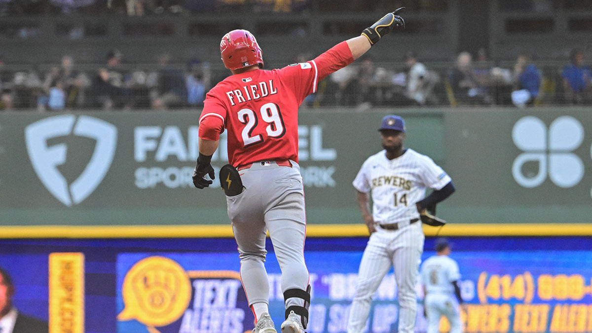 Cincinnati Reds center fielder TJ Friedl (29) reacts after hitting a solo home run against the Milwaukee Brewers in the third inning at American Family Field.