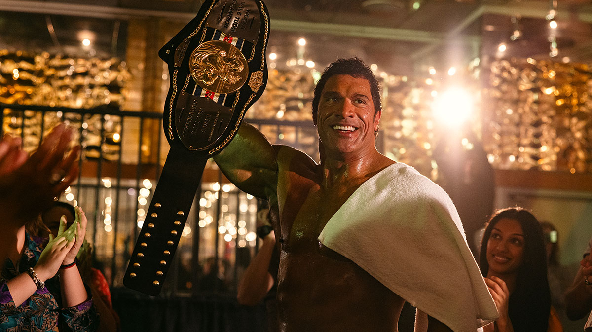 Dwayne Johnson as Mark Kerr in The Smashing Machine.