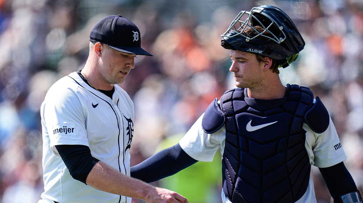 Detroit Tigers pitcher Tarik Skubal (29) talks to catcher Dillon Dingler (13) after pitching fourth inning against Cleveland Guardians at Comerica Park in Detroit on Thursday, Sept. 18, 2025.