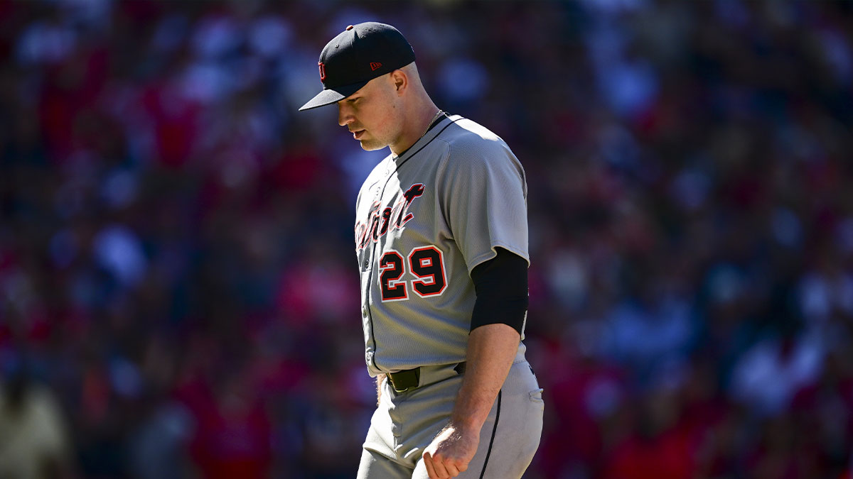 Detroit Tigers pitcher Tarik Skubal (29) walks off the mound after being relieved against the Cleveland Guardians in the eighth inning during game one of the Wildcard round for the 2025 MLB playoffs at Progressive Field.