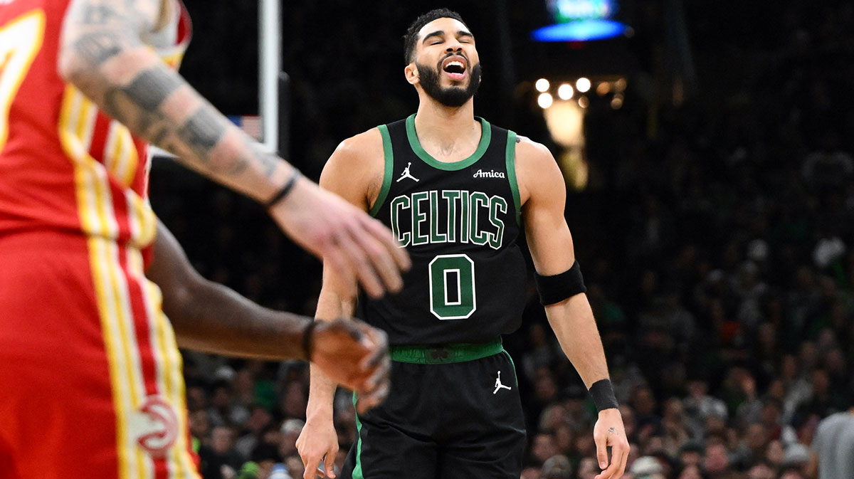 Boston Celtics forward Jayson Tatum (0) reacts after missing a shot against the Atlanta Hawks during the third quarter at the TD Garden.