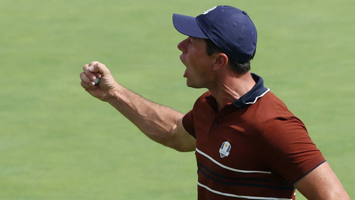 Team Europe's Viktor Hovland celebrates on the 17th hole during the foursomes on the second day of competition for the Ryder Cup at Bethpage Black.