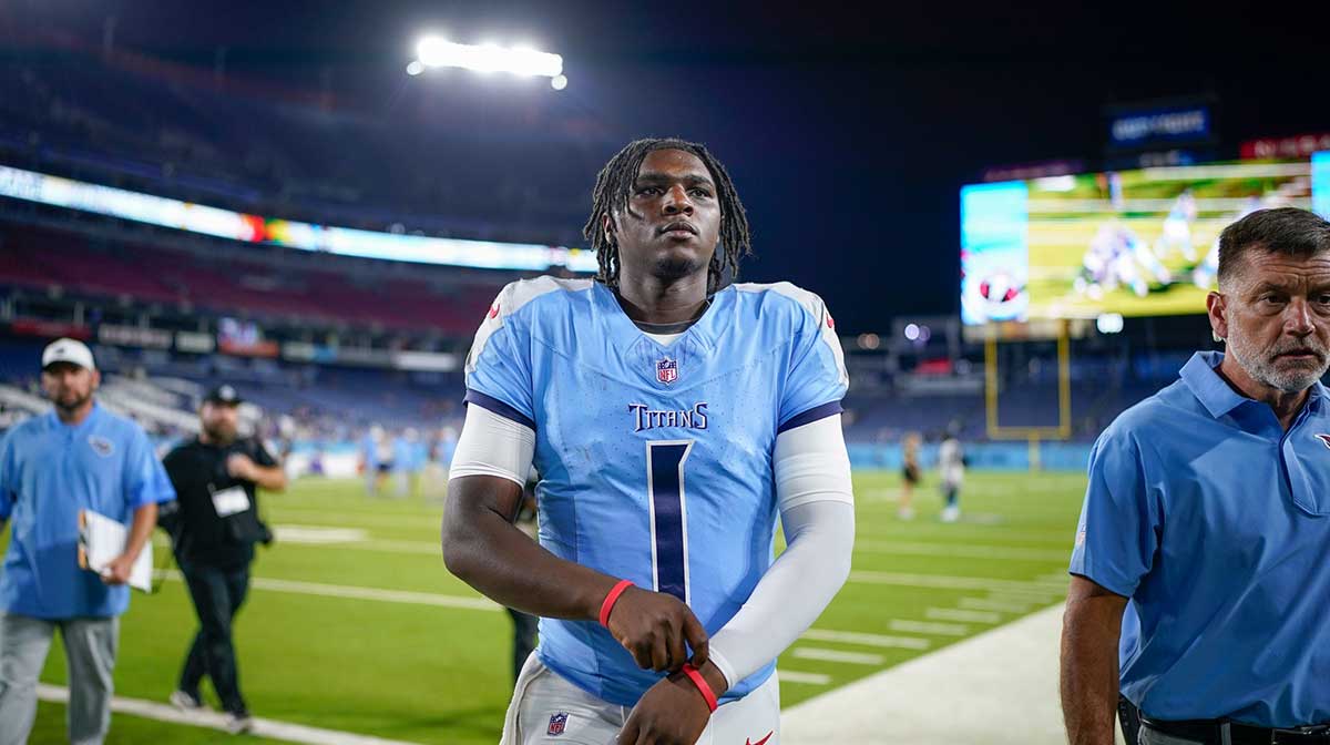 Tennessee Titans quarterback Cam Ward (1) exits the field after an NFL pre-season game against the Minnesota Vikings at Nissan Stadium in Nashville, Tenn., Friday, Aug. 22, 2025.
