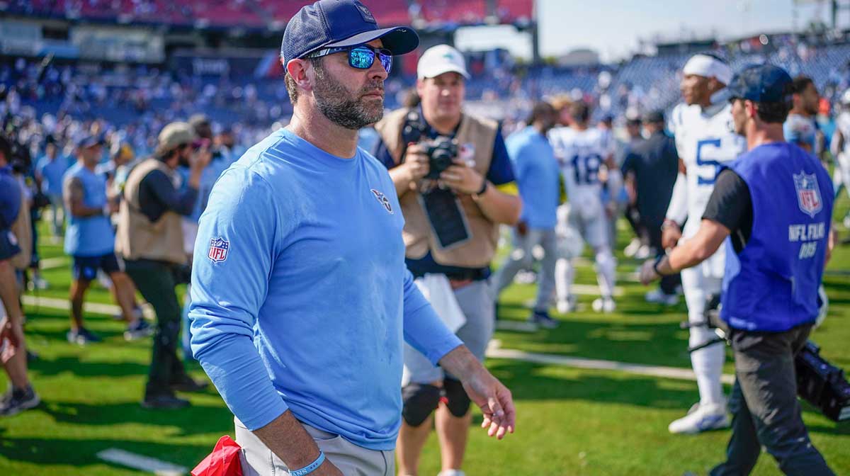 Tennessee Titans coach Brian Callahan exits the field after the game against the Indianapolis Colts at Nissan Stadium in Nashville, Tenn., Sunday, Sept. 21, 2025.
