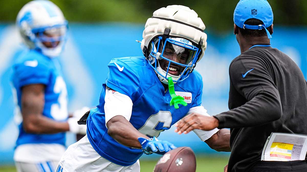 Detroit Lions cornerback Terrion Arnold (6) practices during training camp at Meijer Performance Center in Allen Park on Thursday, August 21, 2025.