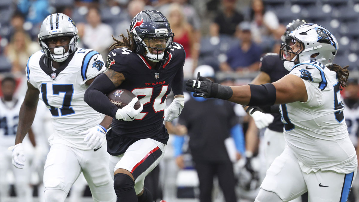 Houston Texans cornerback Derek Stingley Jr. (24) runs with the ball during the first quarter against the Carolina Panthers at NRG Stadium.