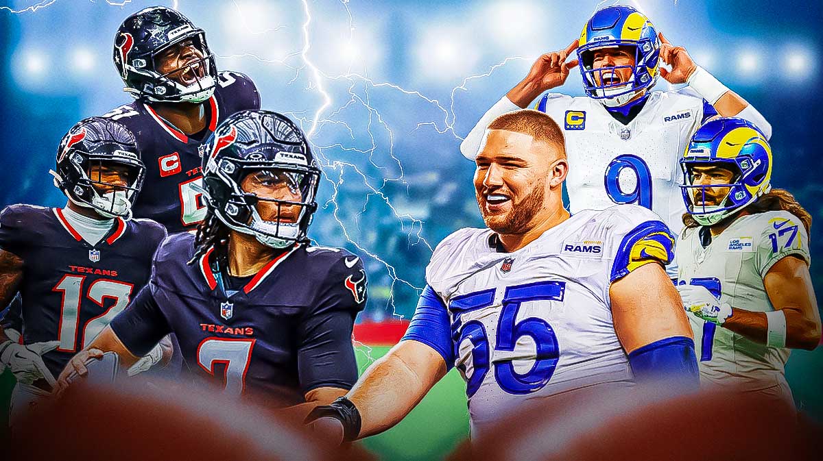 CJ Stroud, Nico Collins, Will Anderson Jr on one side, Matthew Stafford, Puka Nacua, Braden Fiske on the other side, Lightning in the background