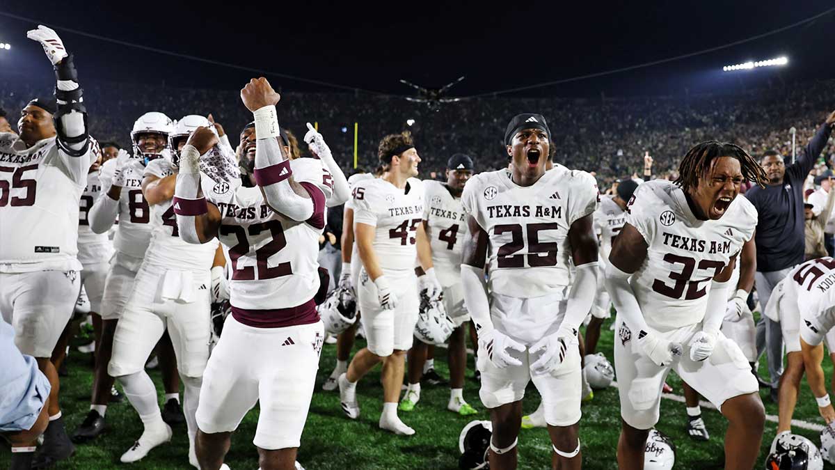 Texas A&M Aggies celebrate after their win against Notre Dame Fighting Irish at Notre Dame Stadium.