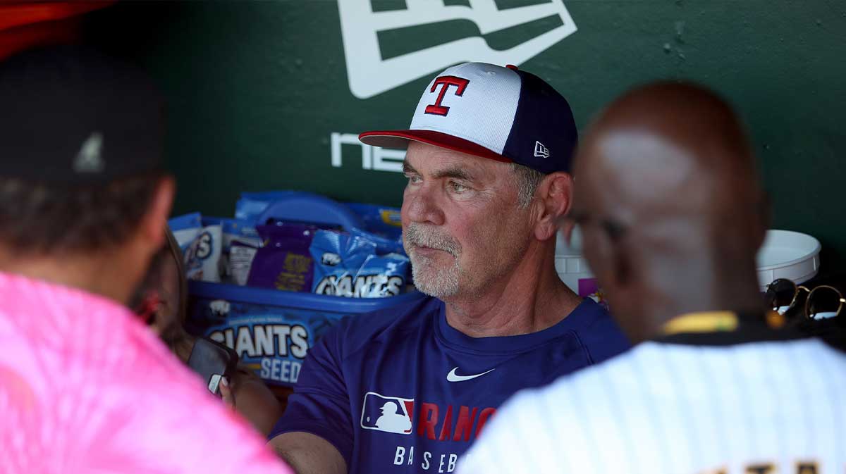 Texas Rangers manager Bruce Bochy (15) speaks to the media before the game against the Athletics at Sutter Health Park.