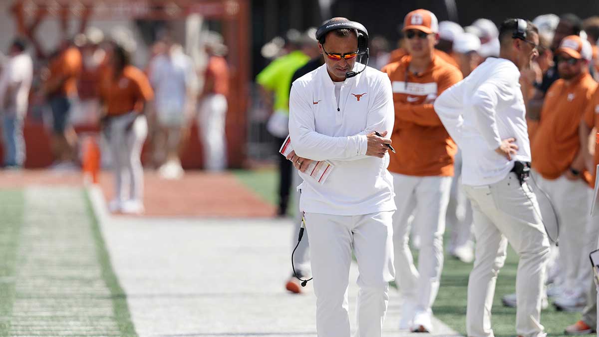 Texas Longhorns head coach Steve Sarkisian during the first half against the Texas El Paso Miners at Darrell K Royal-Texas Memorial Stadium.
