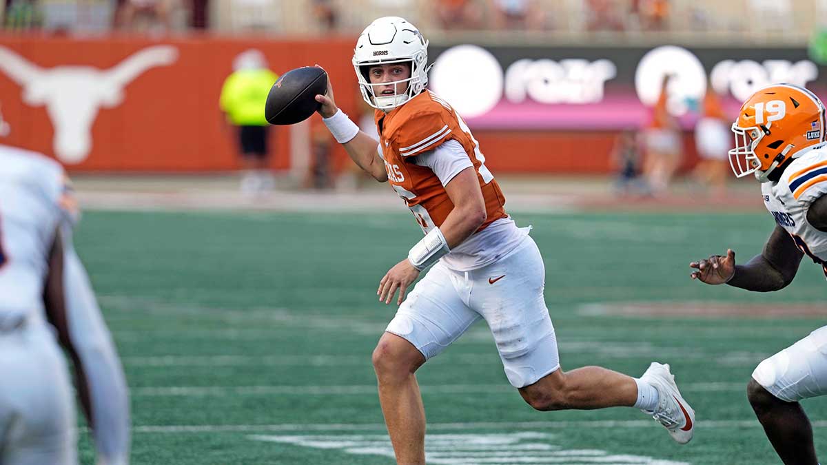 Texas Longhorns quarterback Arch Manning (16) looks to the pass the ball during the second half against the Texas El Paso Miners at Darrell K Royal-Texas Memorial Stadium.
