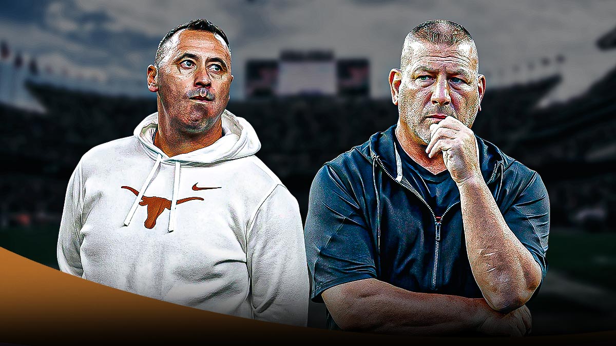 Steve Sarkisian on the left and Phil Longo (IN SAM HOUSTON GEAR) on the right.