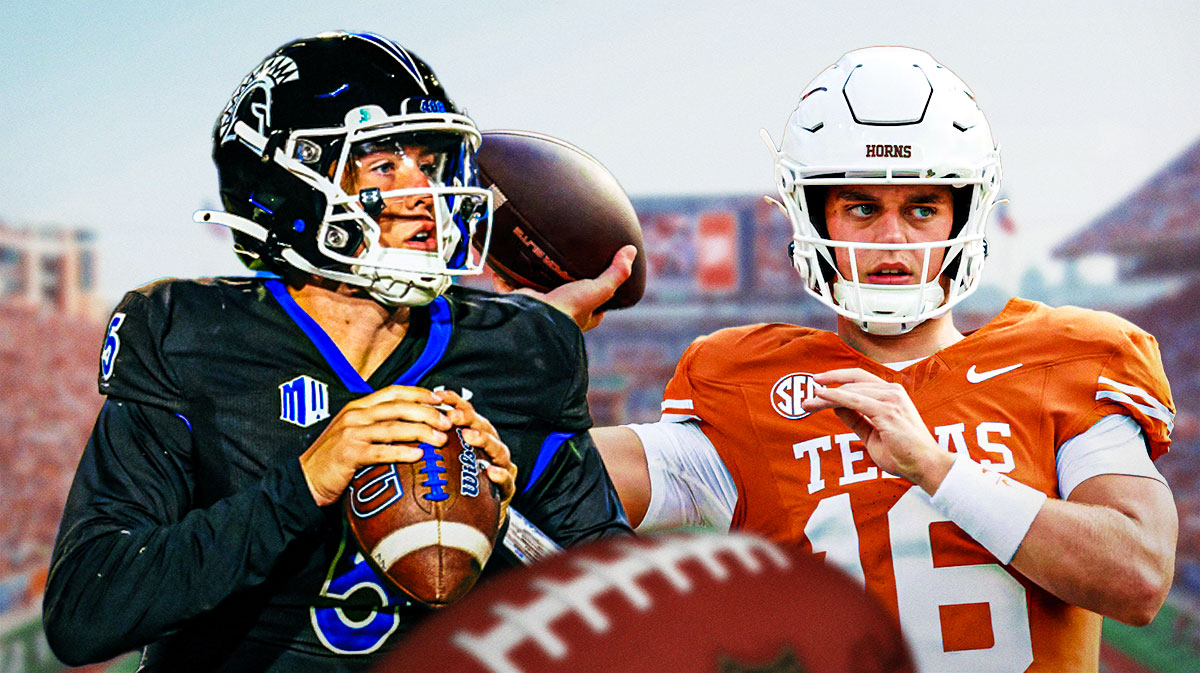Walker Eget and Arch Manning with Darrel K Royal stadium in the background. Texas San Jose State bold predictions.