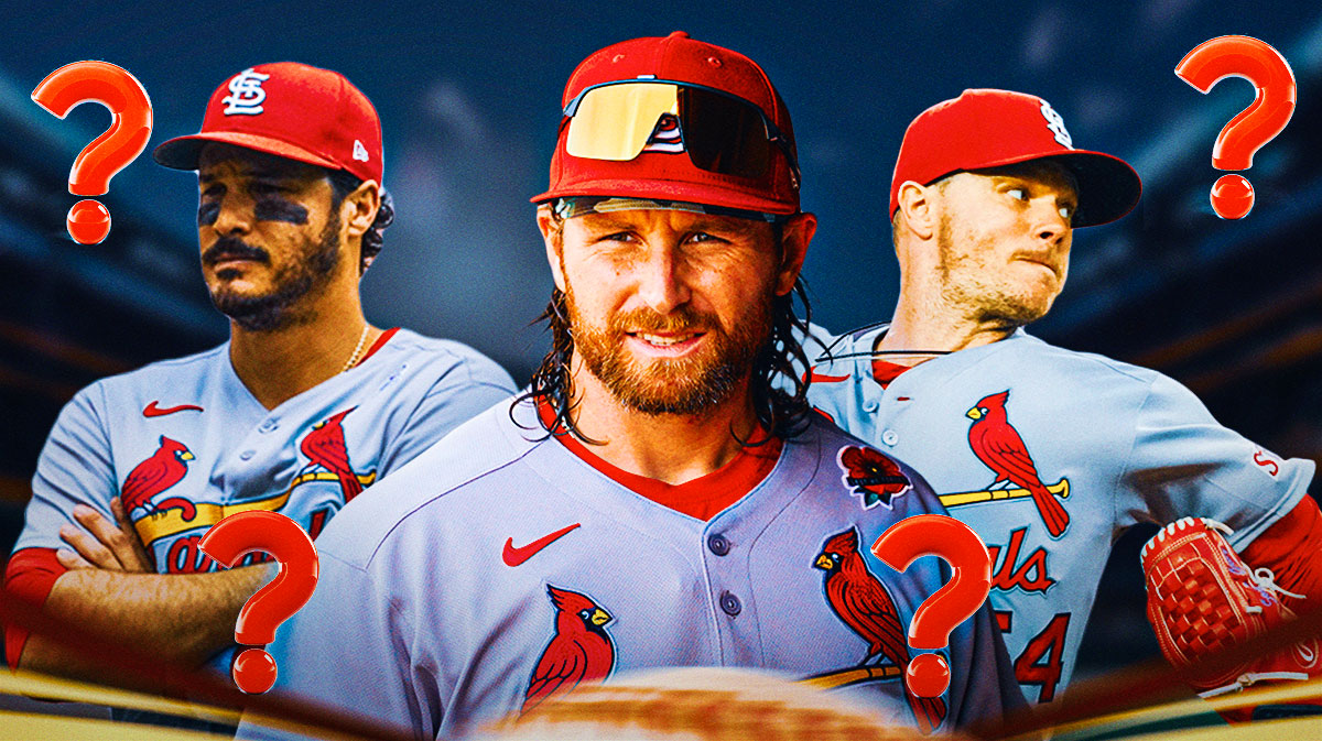 Cardinals players Brendan Donovan, Nolan Arenado and Sonny Gray all in image. Place question marks all around image.