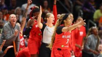 Atlanta Dream guard Jordin Canada (3) celebrates a three pointer against the Phoenix Mercury in the second half at PHX Arena.